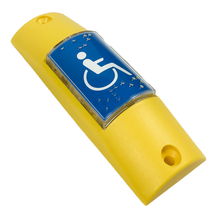 PULSADOR SUPERFICIE AMARILLO/AZUL - SILLA RUEDAS - BRAILLE - LEDS VERDES/ROJOS 12/24V