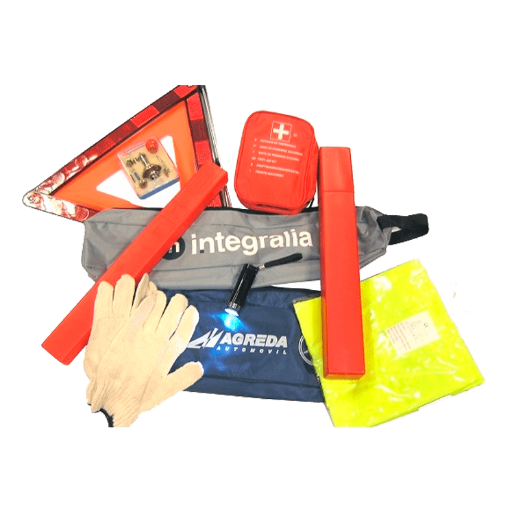 KIT EMERGENCIA PERSONALIZABLE: COLOR BOLSA - LOGO CLIENTE - CHALECO - TRIANGULOS - GUANTES - LAMPARAS Hx - LINTERNA - BOTIQUIN - PARAGUAS - ETC…..