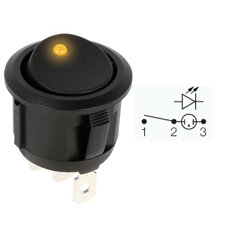 PULSADOR REDONDO NEGRO CON LED AMBAR 12V
