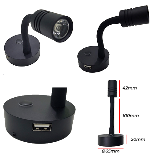 FLEXO LED CALIDO 3W - 12V - 160mm + CARGADOR USB 5V/2A
